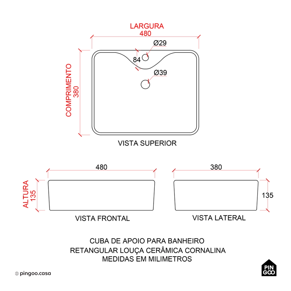 Cuba de Apoio para Banheiro Retangular Louça Cerâmica Cornalina Pingoo.casa - Branco