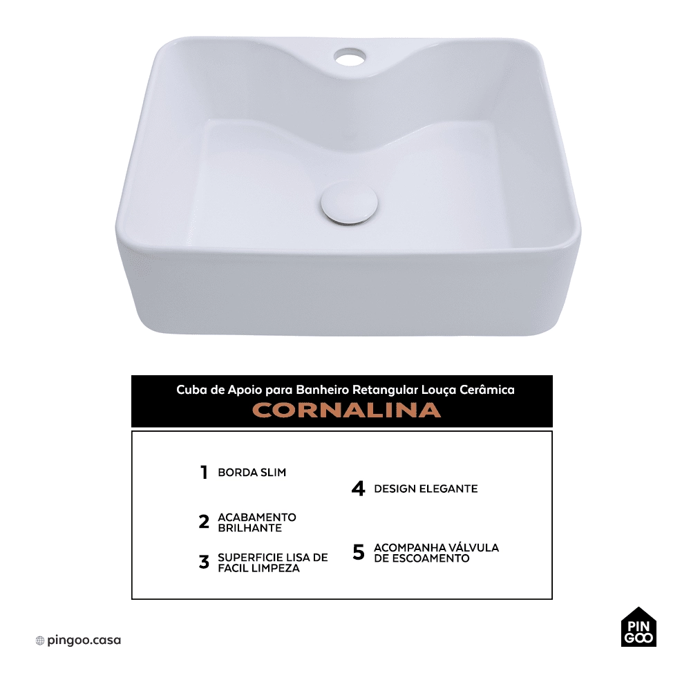 Cuba de Apoio para Banheiro Retangular Louça Cerâmica Cornalina Pingoo.casa - Branco Cuba de Apoio para Banheiro Retangular Louça Cerâmica Cornalina Pingoo.casa - Branco