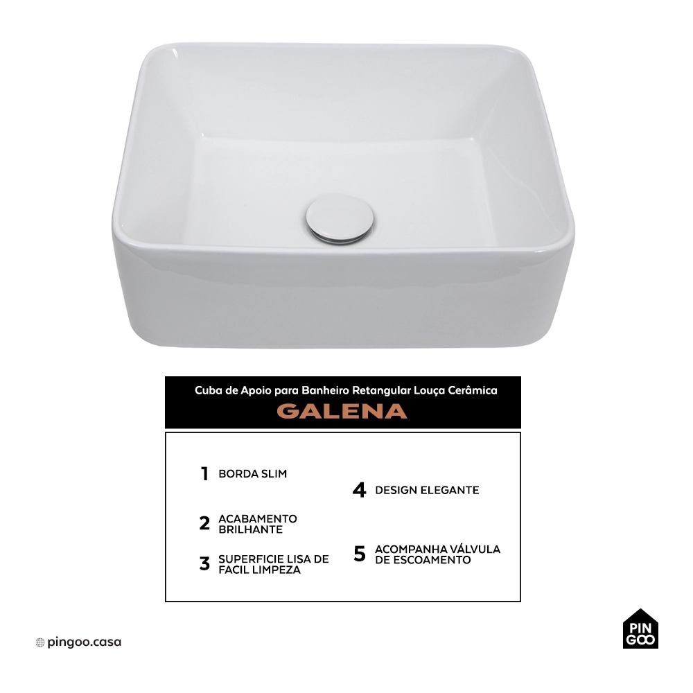 Cuba de Apoio para Banheiro Retangular Louça Cerâmica Galena Pingoo.casa - Branco