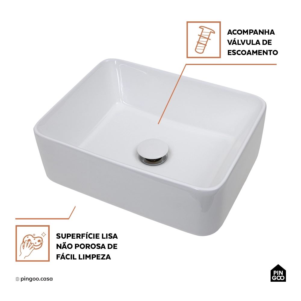 Cuba de Apoio para Banheiro Retangular Louça Cerâmica Galena Pingoo.casa - Branco