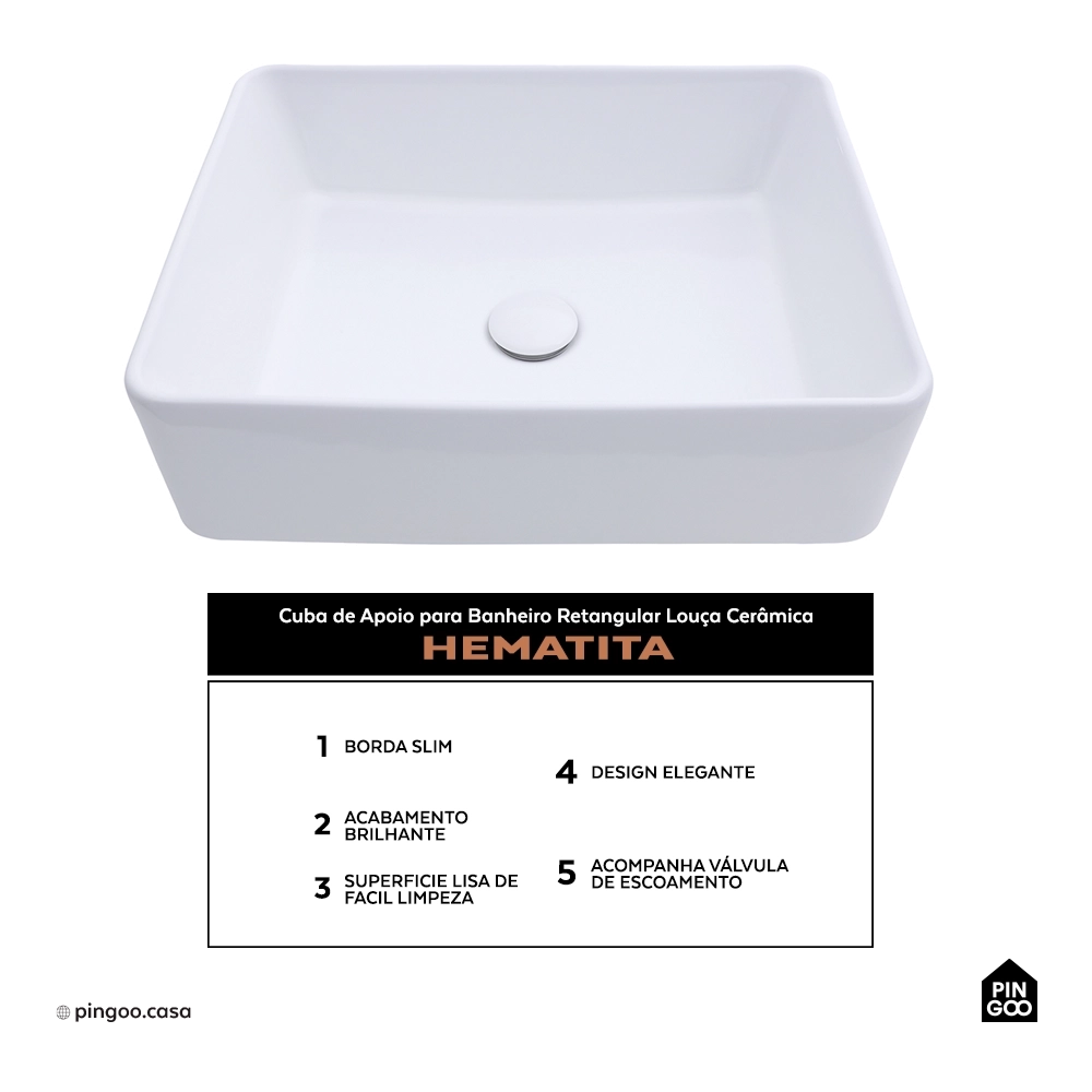 Cuba de Apoio para Banheiro Retangular Louça Cerâmica Hematita Pingoo.casa - Branco