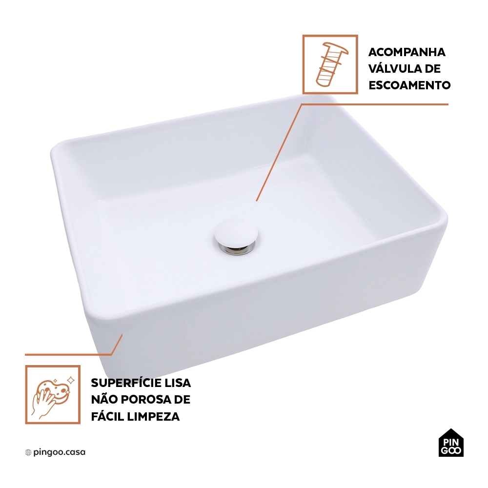 Cuba de Apoio para Banheiro Retangular Louça Cerâmica Hematita Pingoo.casa - Branco