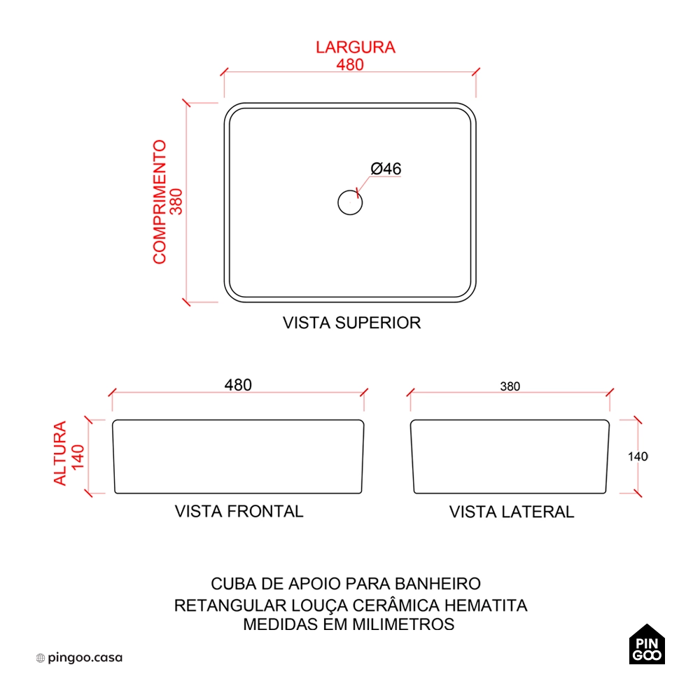 Cuba de Apoio para Banheiro Retangular Louça Cerâmica Hematita Pingoo.casa - Branco