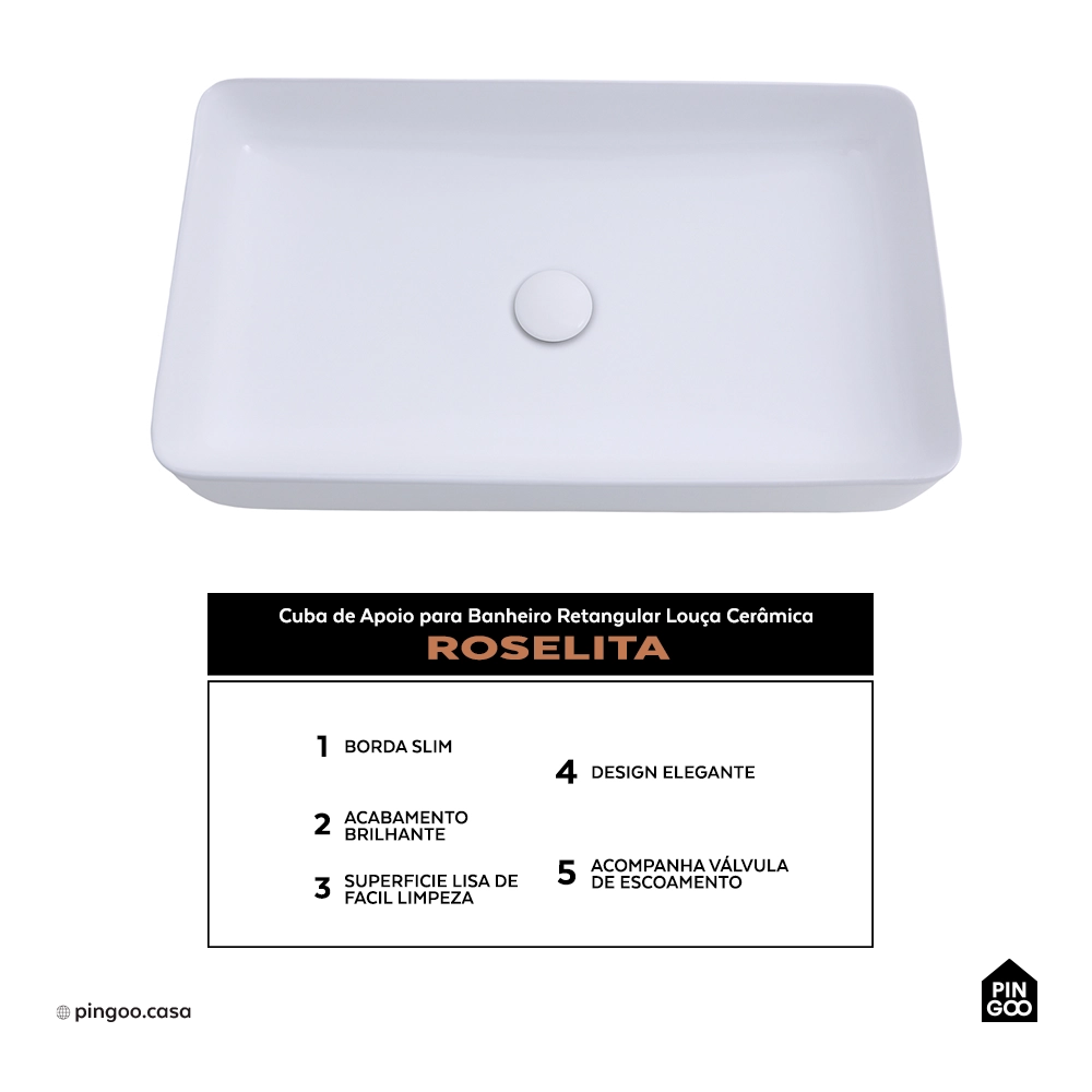 Cuba de Apoio para Banheiro Retangular Louça Cerâmica Roselita Pingoo.casa - Branco
