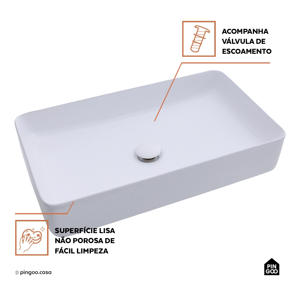Cuba de Apoio para Banheiro Retangular Louça Cerâmica Roselita Pingoo.casa - Branco