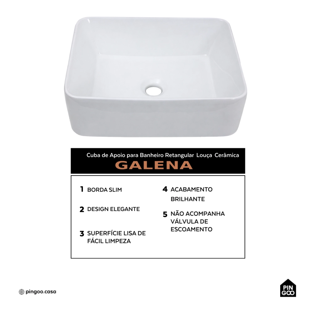 Cuba de Apoio para Banheiro Sem Válvula Retangular Louça Cerâmica Galena Pingoo.casa - Branco
