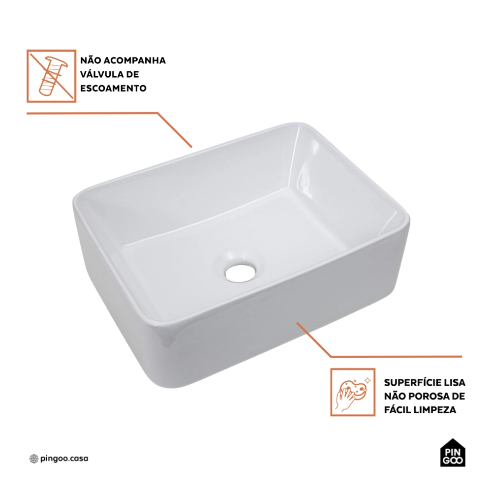 Cuba de Apoio para Banheiro Sem Válvula Retangular Louça Cerâmica Galena Pingoo.casa - Branco