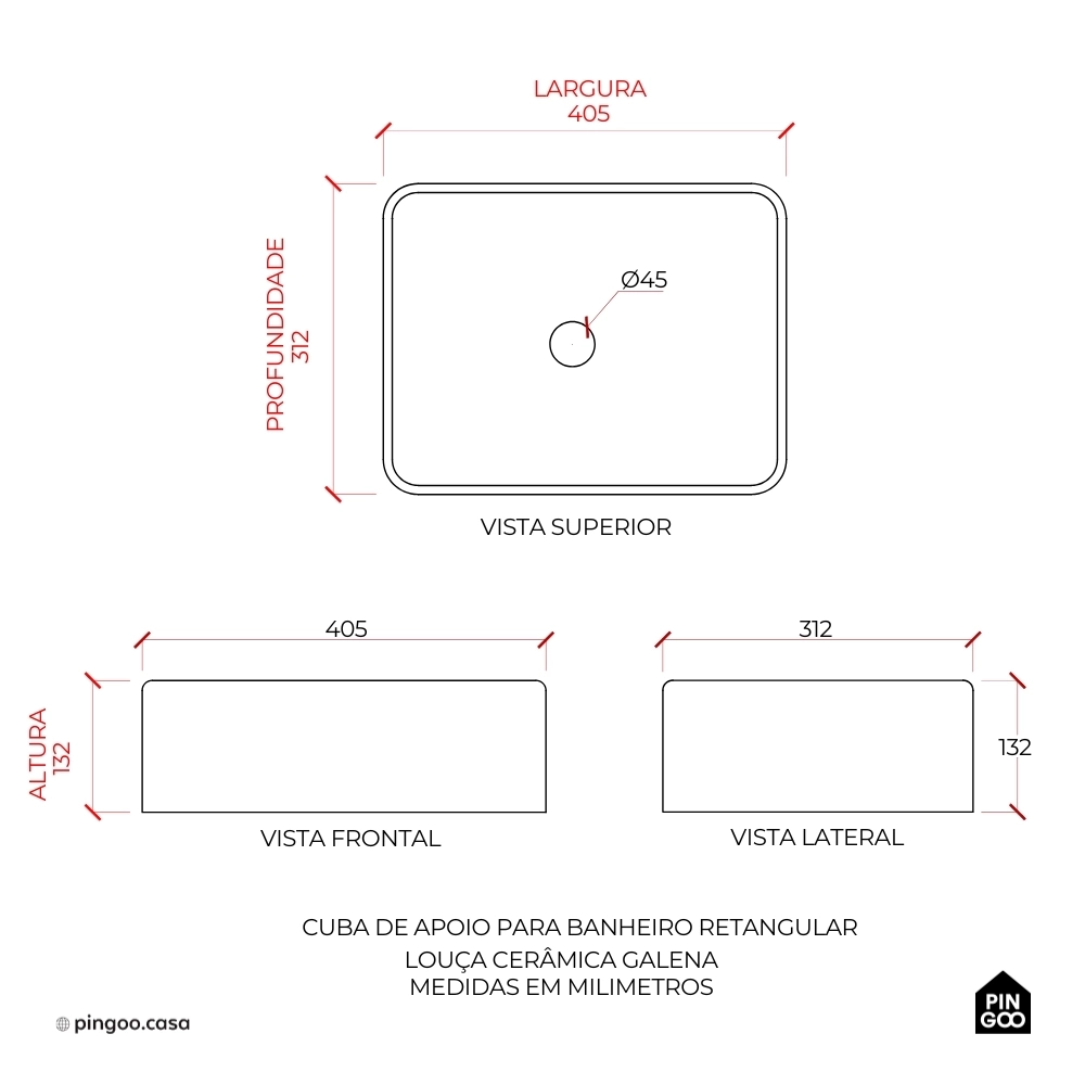 Cuba de Apoio para Banheiro Sem Válvula Retangular Louça Cerâmica Galena Pingoo.casa - Branco