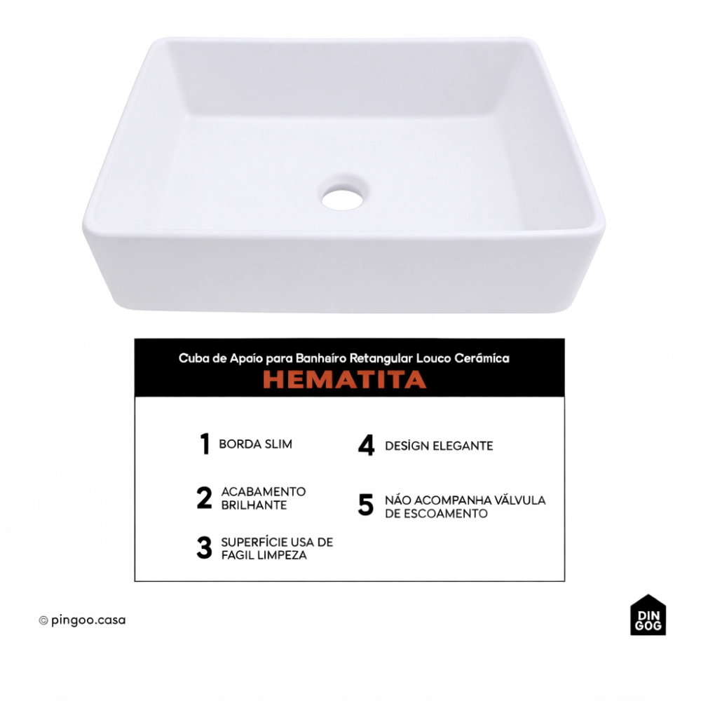 Cuba de Apoio para Banheiro Sem Válvula Retangular Louça Cerâmica Hematita Pingoo.casa - Branco