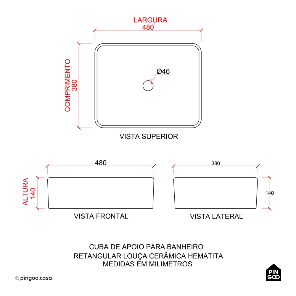 Cuba de Apoio para Banheiro Sem Válvula Retangular Louça Cerâmica Hematita Pingoo.casa - Branco
