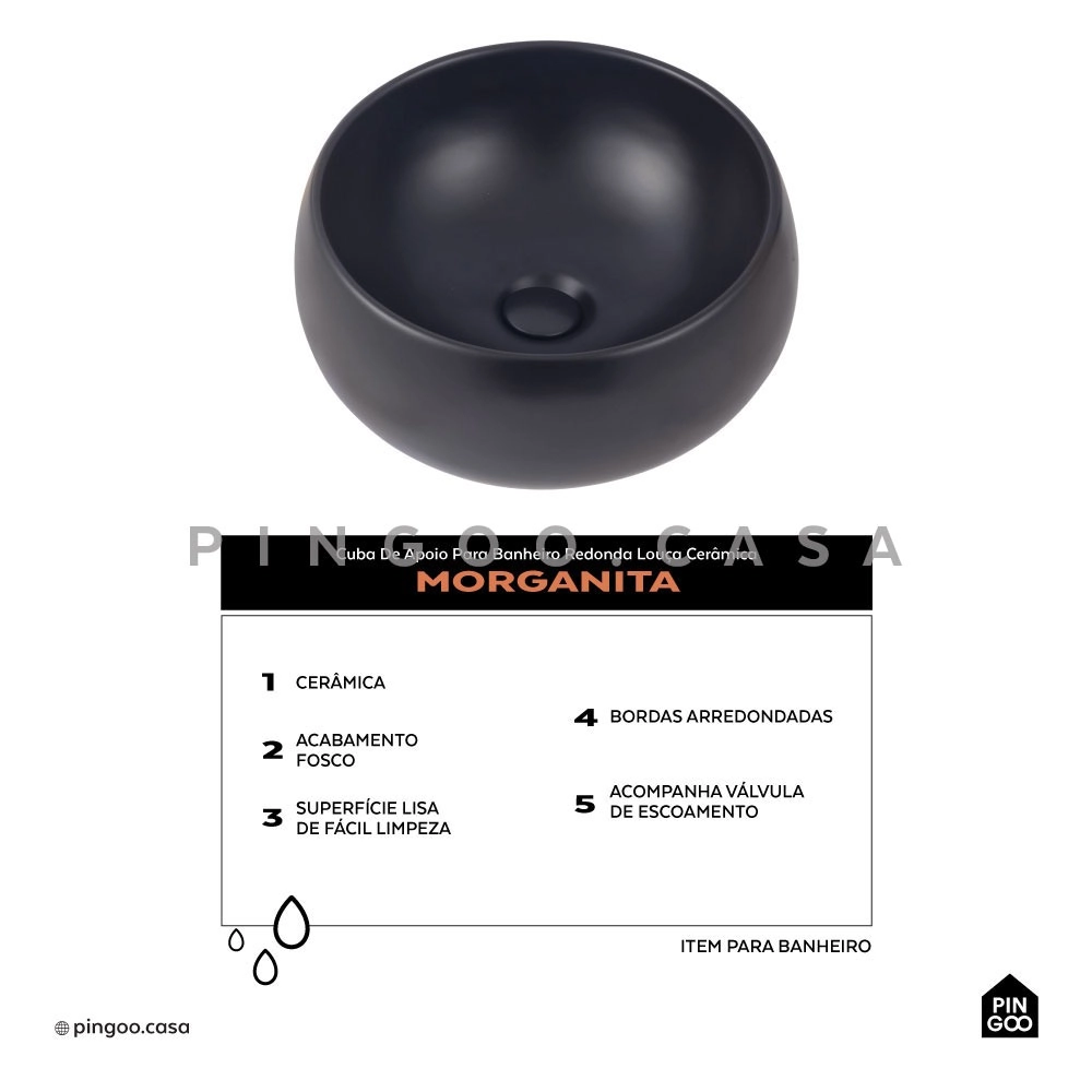 Cuba de Apoio Redonda para Banheiro Louça Cerâmica 41cm Morganita Preto Cuba de Apoio Redonda para Banheiro Louça Cerâmica 41cm Morganita Preto