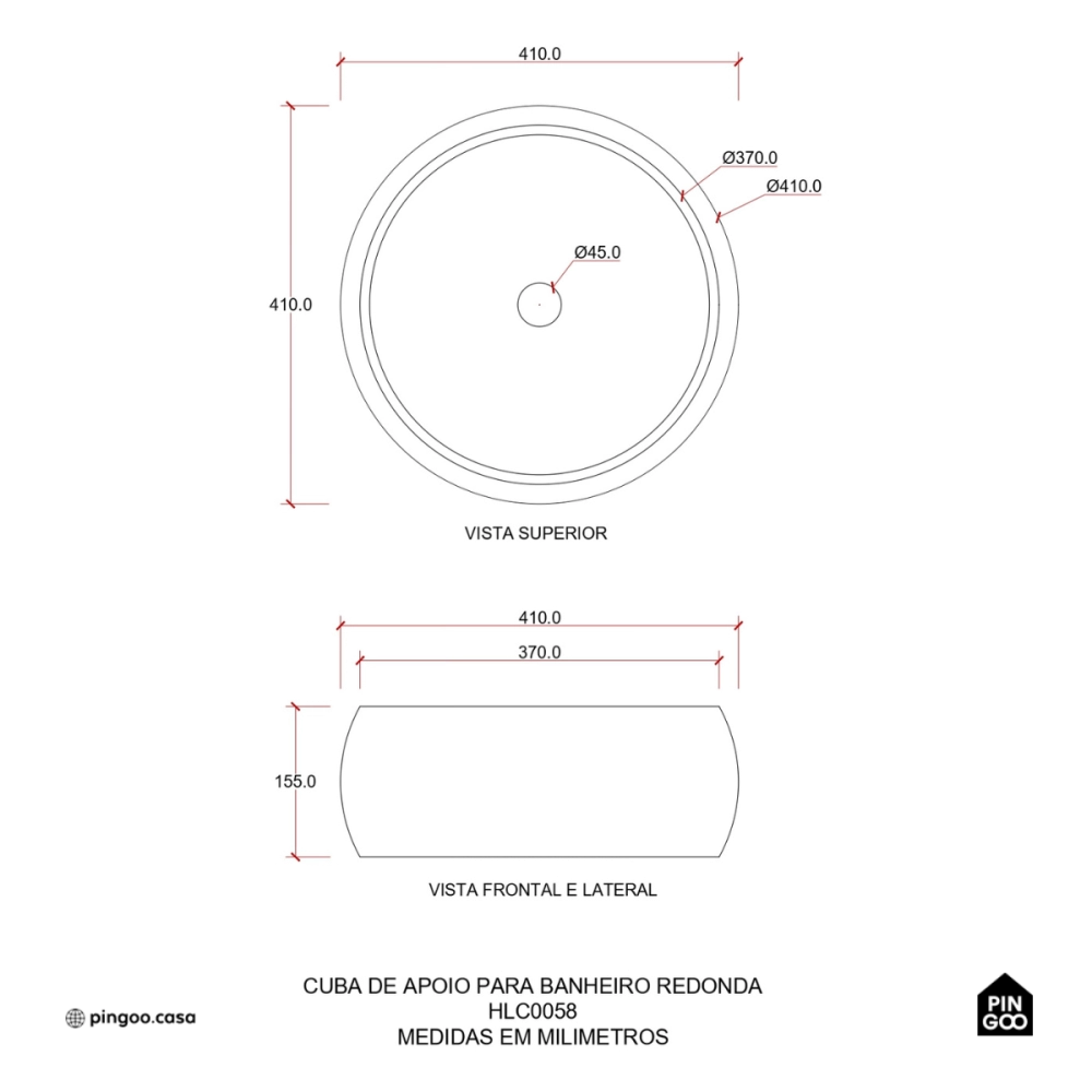 Cuba de Apoio Redonda Sem Válvula para Banheiro Louça Cerâmica 41cm Morganita Pingoo.casa - Branco