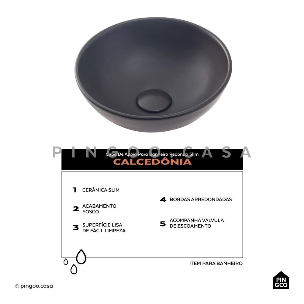 Cuba de Apoio Redonda Slim para Banheiro Louça Cerâmica 28,5cm Calcedônia Preto Fosco Cuba de Apoio Redonda Slim para Banheiro Louça Cerâmica 28,5cm Calcedônia Preto Fosco