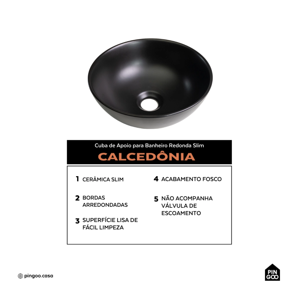 Cuba de Apoio Redonda Slim Sem Válvula para Banheiro Louça Cerâmica 28,5cm Calcedônia Pingoo.casa - Preto Fosco