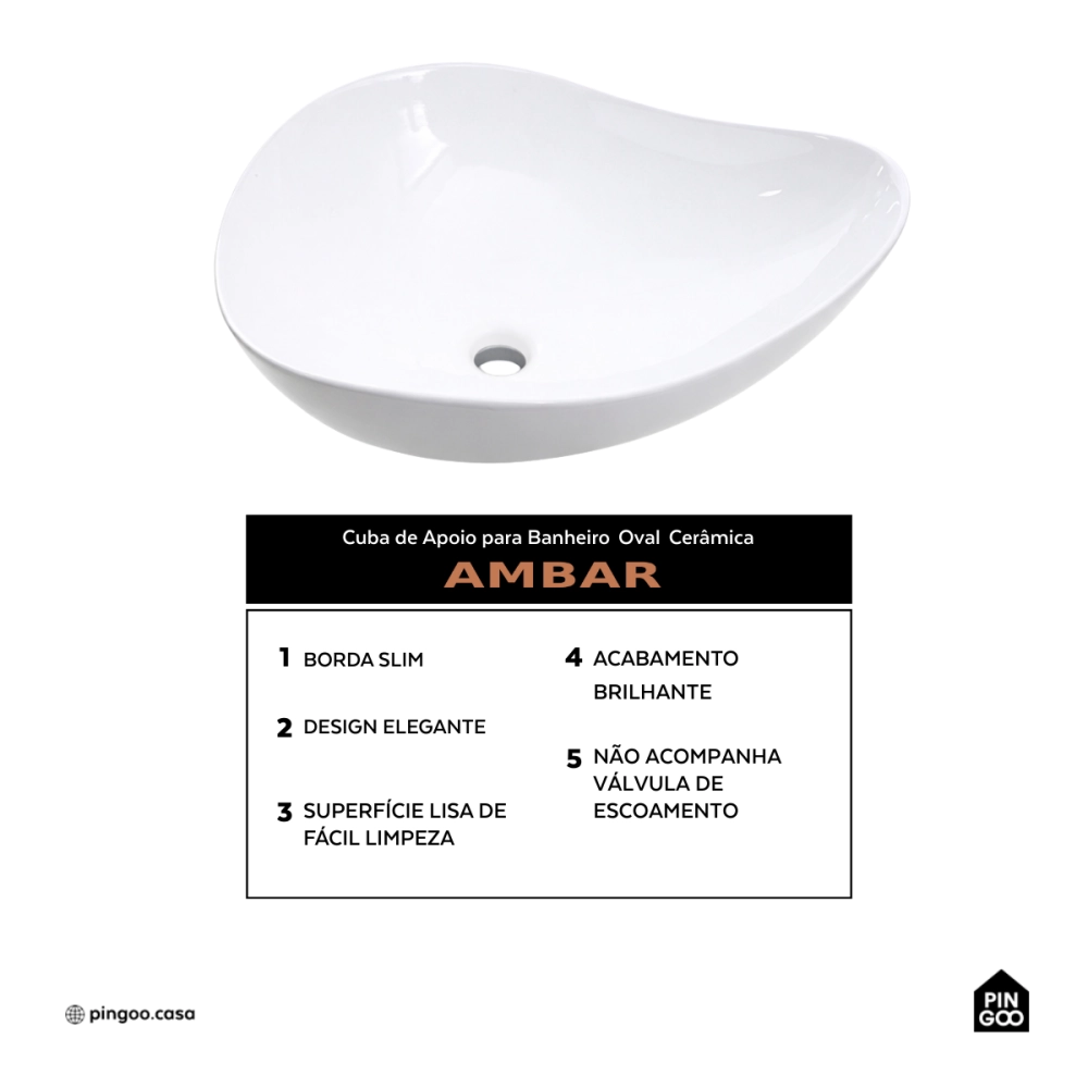 Cuba de Apoio Sem Válvula para Banheiro Oval Louça Cerâmica Ambar - Branco Cuba de Apoio Sem Válvula para Banheiro Oval Louça Cerâmica Ambar - Branco