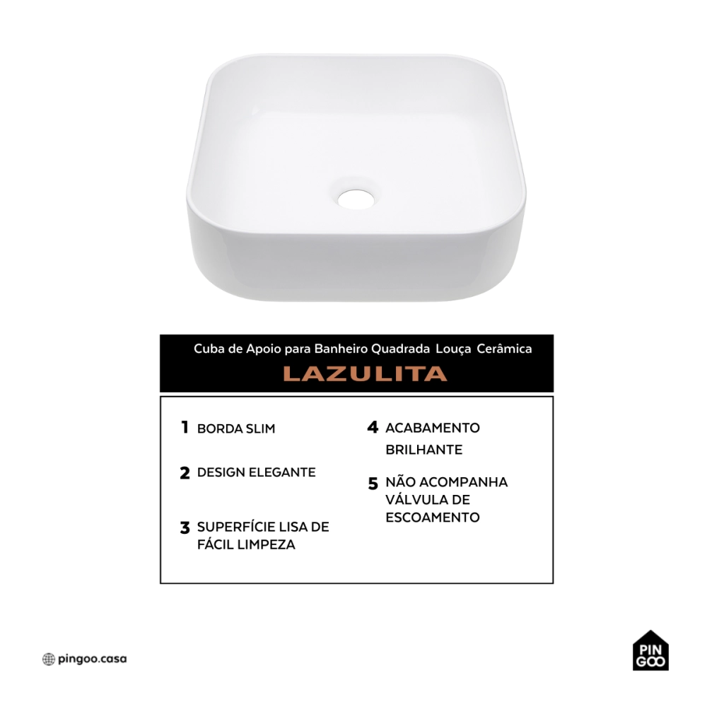 Cuba de Apoio Sem Válvula para Banheiro Quadrada Louça Cerâmica Lazulita Pingoo.casa - Branco