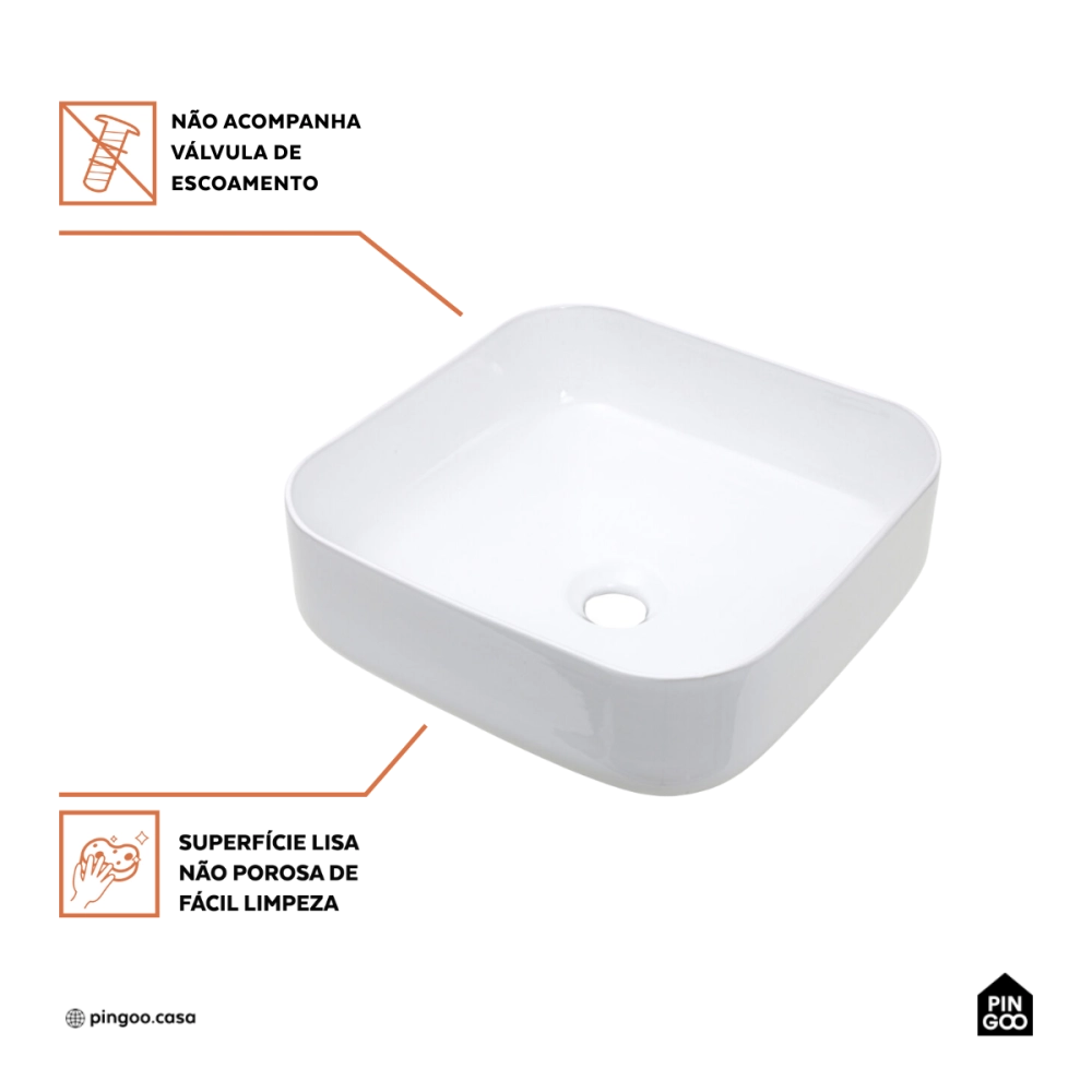 Cuba de Apoio Sem Válvula para Banheiro Quadrada Louça Cerâmica Lazulita Pingoo.casa - Branco