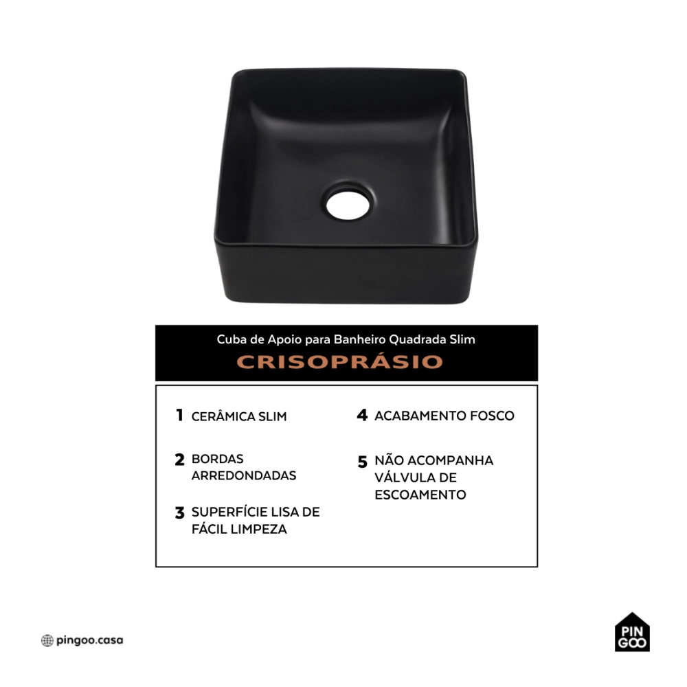 Cuba De Apoio Sem Válvula Para Banheiro Quadrada Slim Cerâmica Crisoprásio Pingoo.Casa - Preto Fosco Cuba De Apoio Sem Válvula Para Banheiro Quadrada Slim Cerâmica Crisoprásio Pingoo.Casa - Preto Fosco