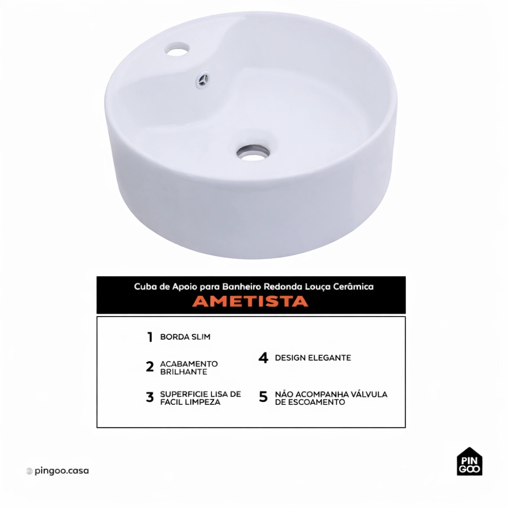 Cuba de Apoio Sem Válvula para Banheiro Redonda Louça Cerâmica Ametista Pingoo.casa - Branco
