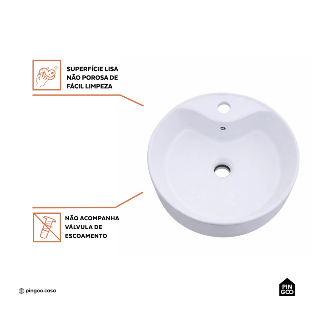 Cuba de Apoio Sem Válvula para Banheiro Redonda Louça Cerâmica Ametista Pingoo.casa - Branco