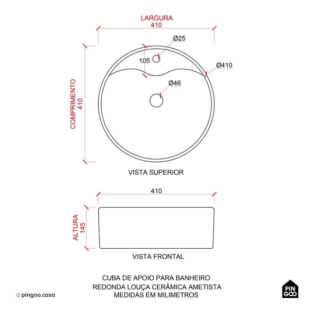 Cuba de Apoio Sem Válvula para Banheiro Redonda Louça Cerâmica Ametista Pingoo.casa - Branco