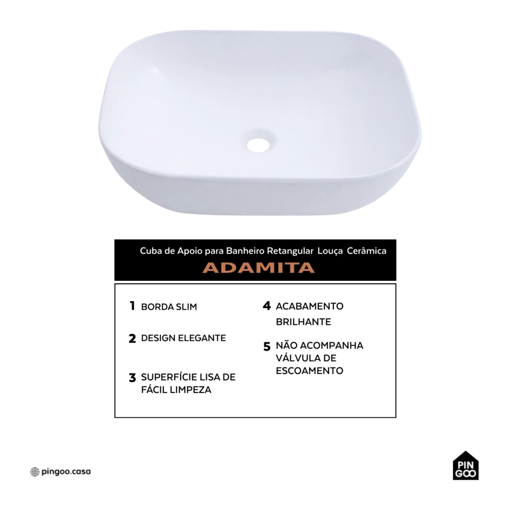 Cuba de Apoio Sem Válvula para Banheiro Retangular Louça Cerâmica Adamita Pingoo.casa - Branco