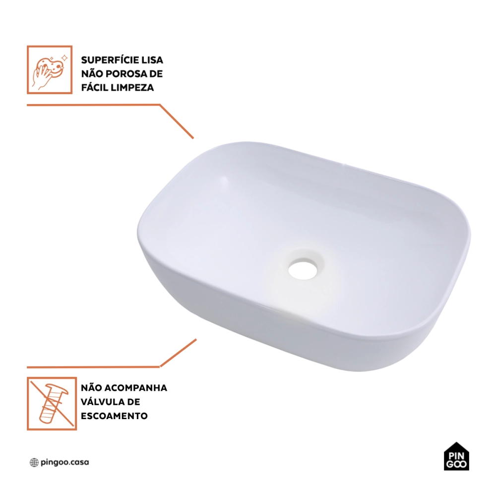 Cuba de Apoio Sem Válvula para Banheiro Retangular Louça Cerâmica Adamita Pingoo.casa - Branco