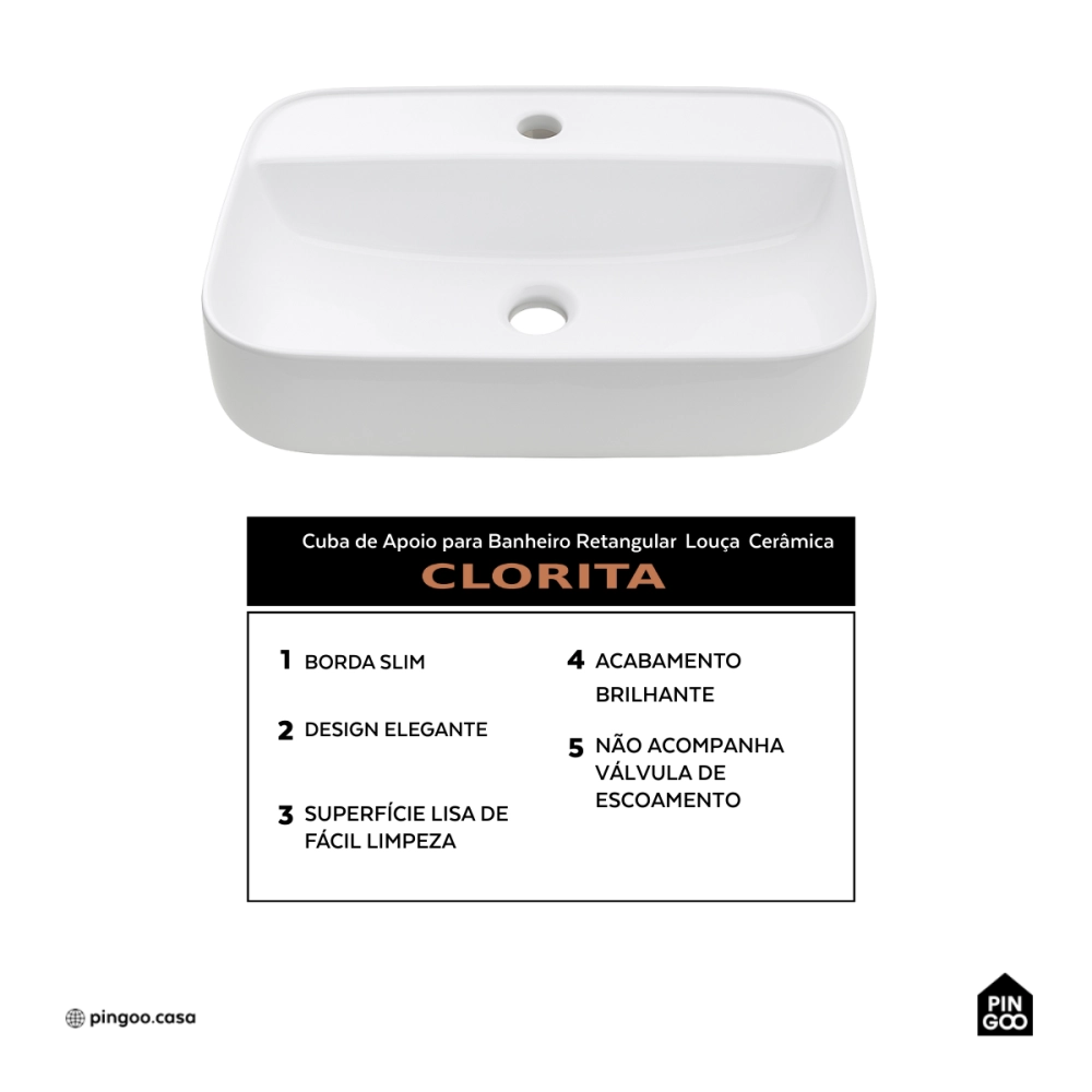 Cuba de Apoio Sem Válvula para Banheiro Retangular Louça Cerâmica Clorita Pingoo.casa - Branco