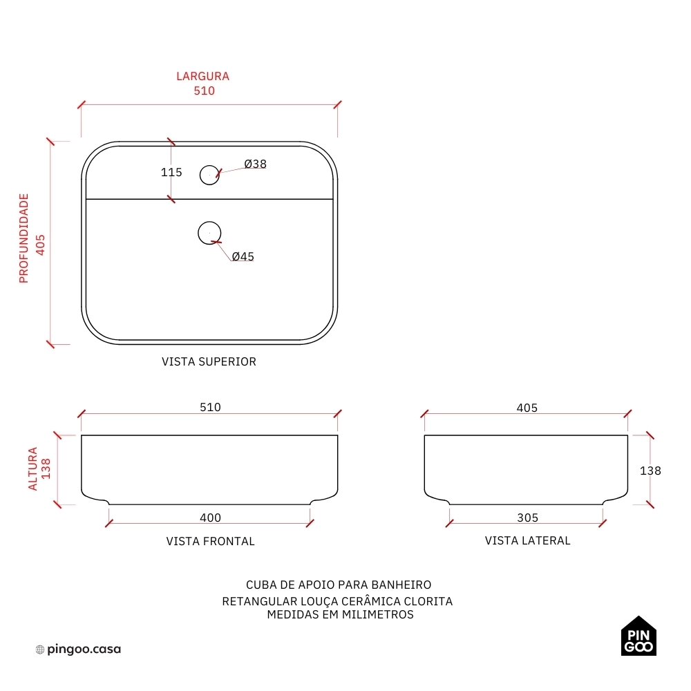 Cuba de Apoio Sem Válvula para Banheiro Retangular Louça Cerâmica Clorita Pingoo.casa - Branco