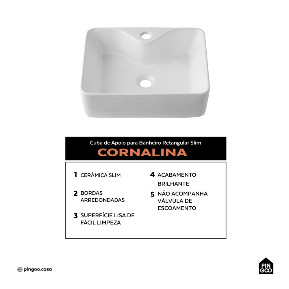 Cuba de Apoio sem válvula para Banheiro Retangular Louça Cerâmica Cornalina Pingoo.casa - Branco
