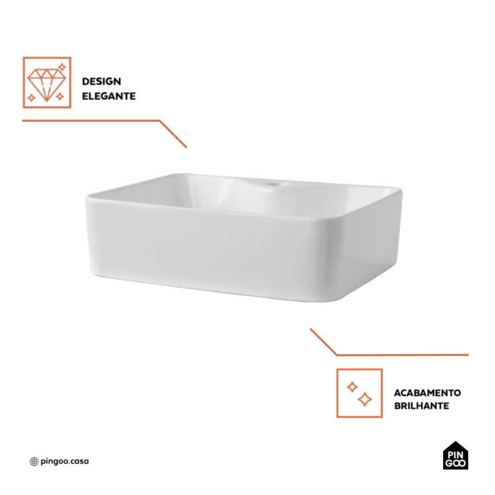 Cuba de Apoio sem válvula para Banheiro Retangular Louça Cerâmica Cornalina Pingoo.casa - Branco
