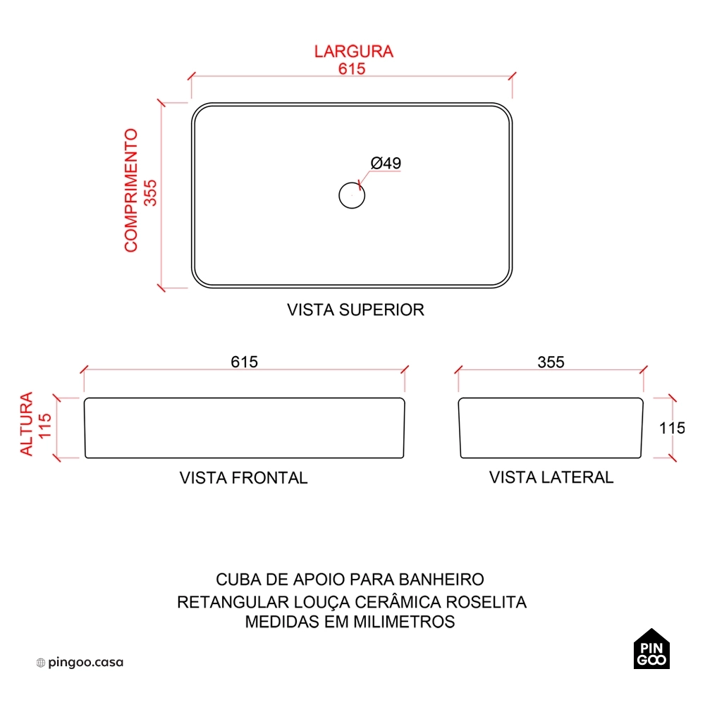 Cuba de Apoio Sem Válvula para Banheiro Retangular Louça Cerâmica Roselita Pingoo.casa - Branco