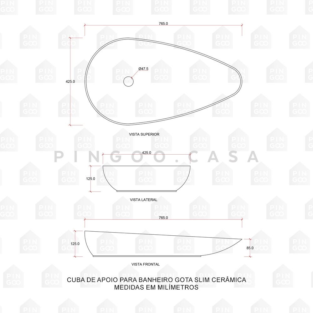 Cuba de Apoio Slim para Banheiro Louça Cerâmica 76,5x42,5cm Gota Preto Fosco Cuba de Apoio Slim para Banheiro Louça Cerâmica 76,5x42,5cm Gota Preto Fosco