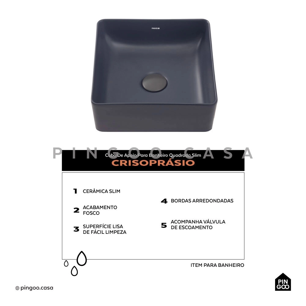 Cuba de Apoio Slim Quadrada para Banheiro Louça Cerâmica 31,5x31cm Crisoprásio Cinza Fosco