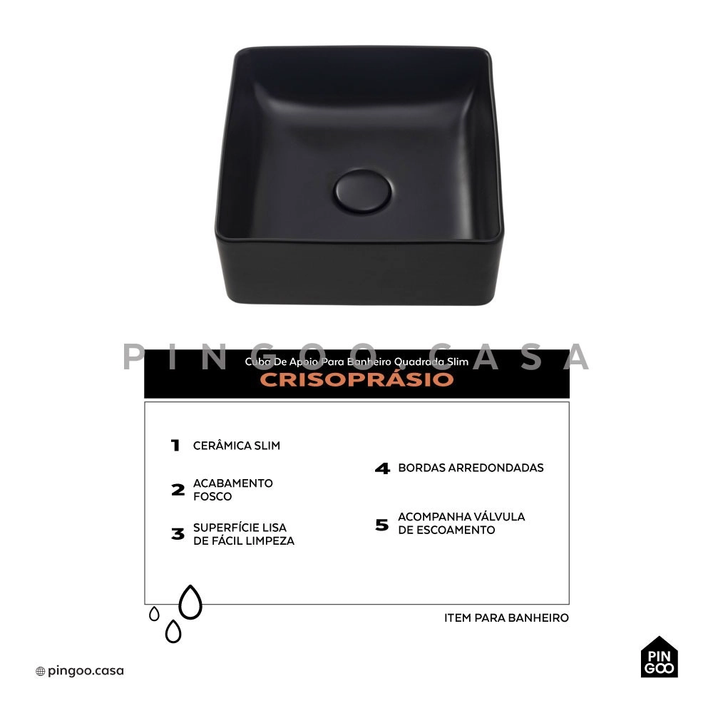 Cuba de Apoio Slim Quadrada para Banheiro Louça Cerâmica 31,5x31cm Crisoprásio Preto Fosco Cuba de Apoio Slim Quadrada para Banheiro Louça Cerâmica 31,5x31cm Crisoprásio Preto Fosco