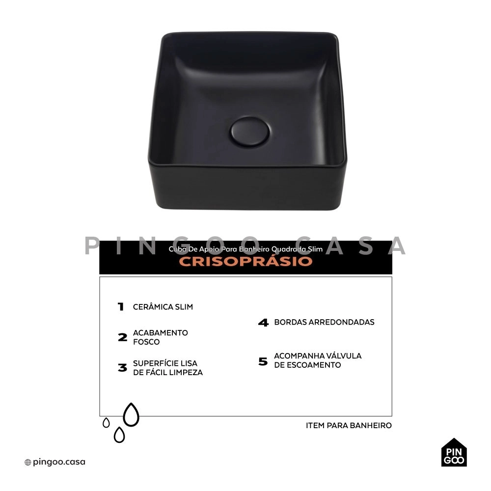 Cuba de Apoio Slim Quadrada para Banheiro Louça Cerâmica Crisoprásio - Preto Fosco Cuba de Apoio Slim Quadrada para Banheiro Louça Cerâmica Crisoprásio - Preto Fosco
