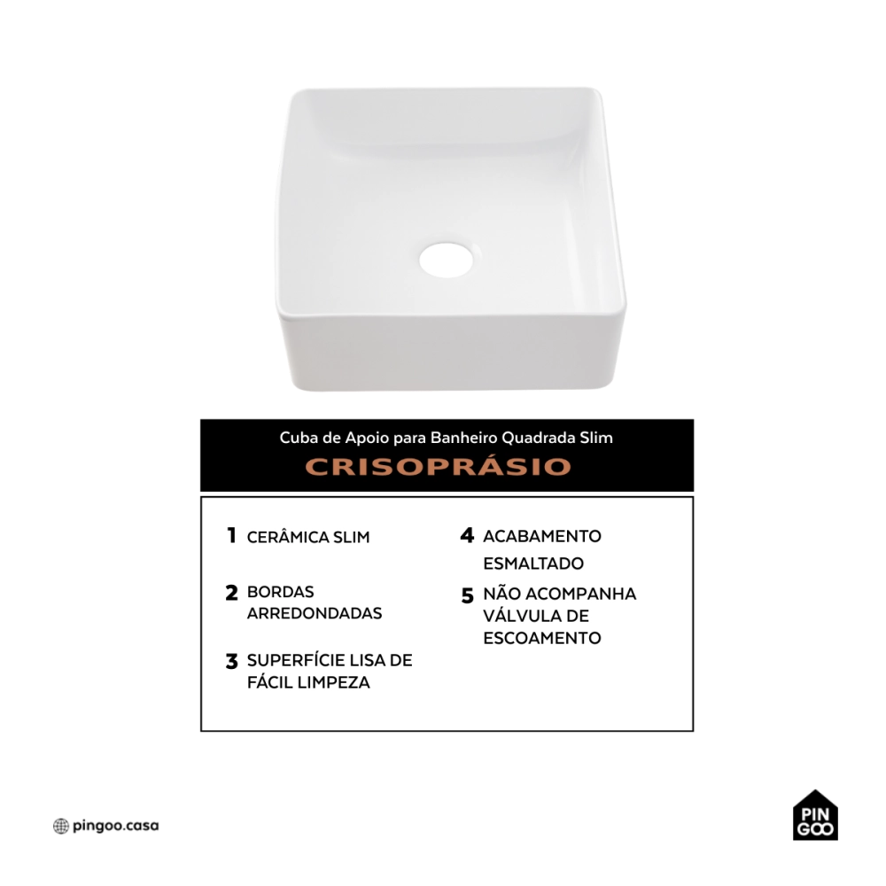 Cuba de Apoio Slim Quadrada sem Válvula para Banheiro Louça Cerâmica 31x31,5cm Crisoprásio Pingoo.casa - Branco Cuba de Apoio Slim Quadrada sem Válvula para Banheiro Louça Cerâmica 31x31,5cm Crisoprásio Pingoo.casa - Branco