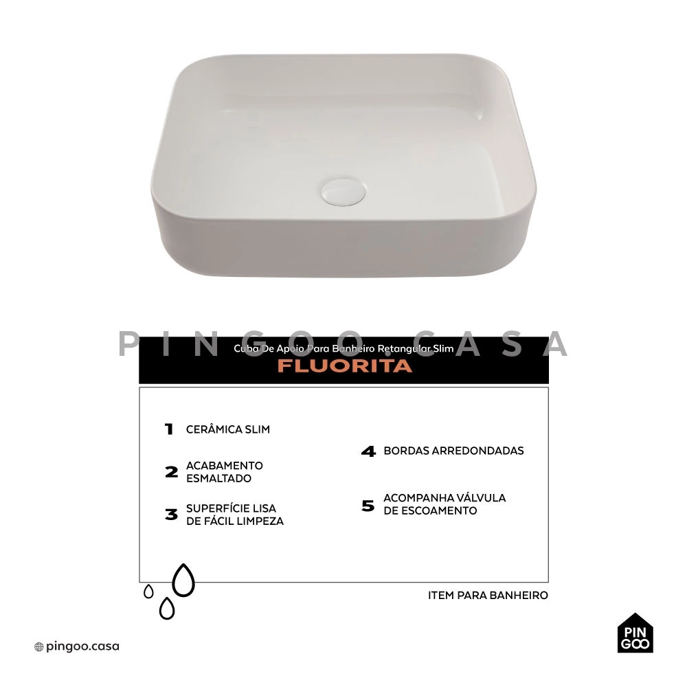 Cuba de Apoio Slim Retangular para Banheiro Louça Cerâmica 50,5x39,5cm Fluorita Branco
