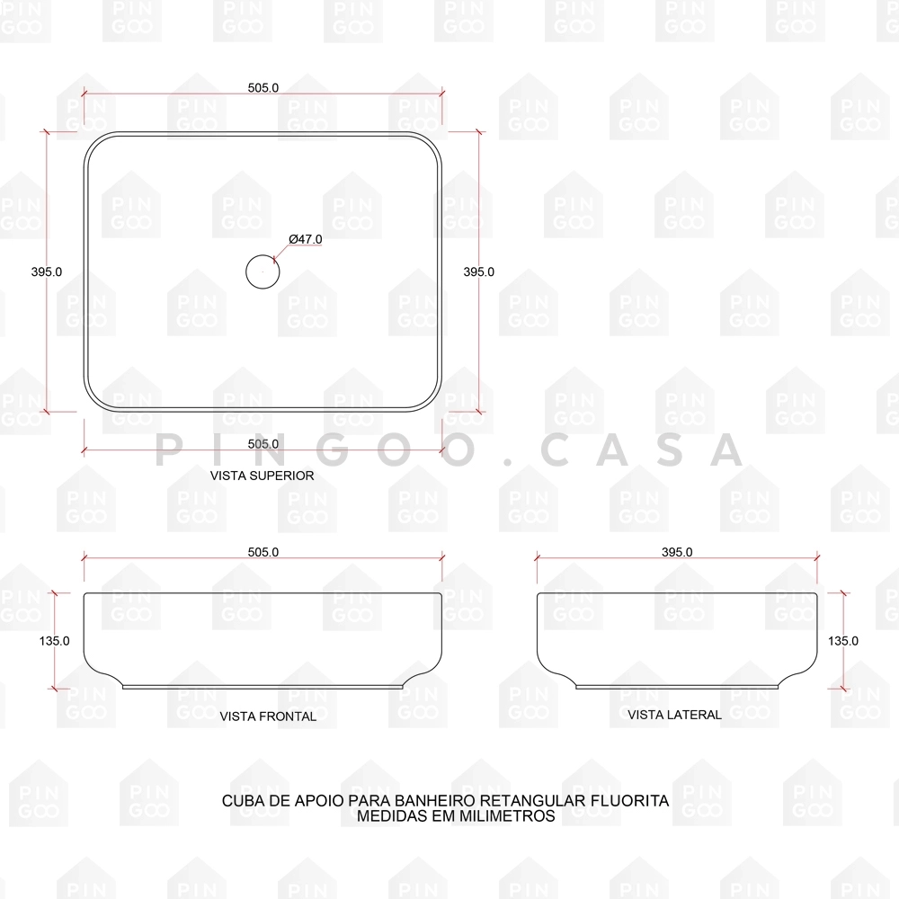 Cuba de Apoio Slim Retangular para Banheiro Louça Cerâmica 50,5x39,5cm Fluorita Branco