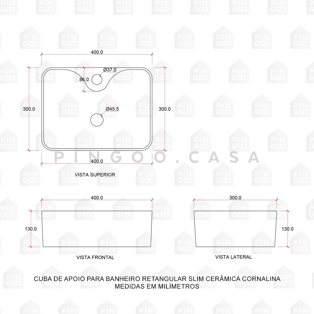 Cuba de Apoio Slim Retangular para Banheiro Louça Cerâmica 30x40cm Cornalina Pingoo.casa - Branco