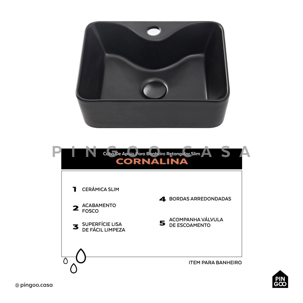Cuba de Apoio Slim Retangular para Banheiro Louça Cerâmica 40x30cm Cornalina Preto Fosco Cuba de Apoio Slim Retangular para Banheiro Louça Cerâmica 40x30cm Cornalina Preto Fosco