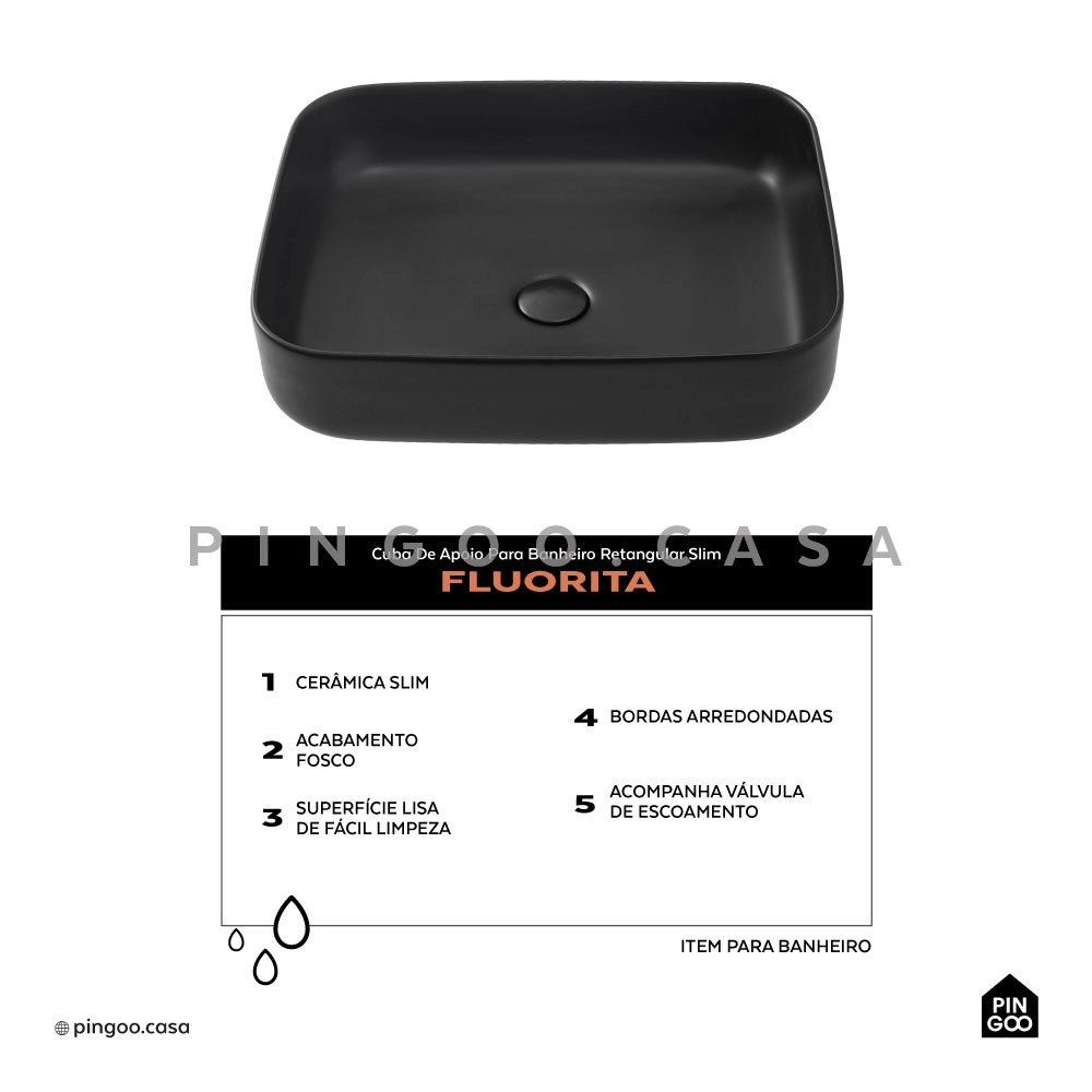 Cuba de Apoio Slim Retangular para Banheiro Louça Cerâmica 50,5x39,5cm Fluorita Preto Fosco Cuba de Apoio Slim Retangular para Banheiro Louça Cerâmica 50,5x39,5cm Fluorita Preto Fosco