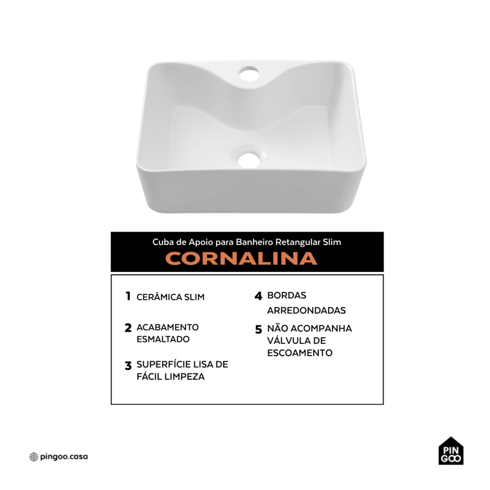 Cuba de Apoio Slim Retangular Sem Válvula para Banheiro Louça Cerâmica 40x30cm Cornalina Pingoo.casa - Branco