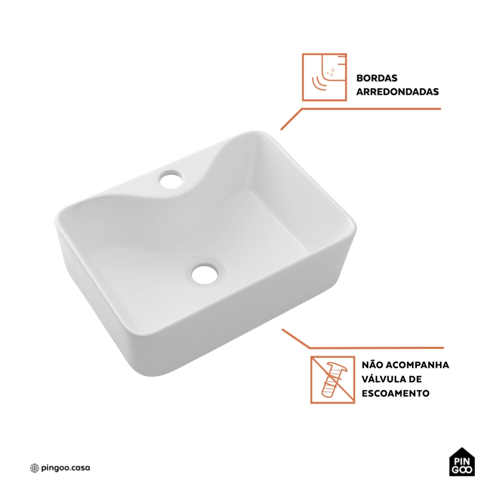 Cuba de Apoio Slim Retangular Sem Válvula para Banheiro Louça Cerâmica 40x30cm Cornalina Pingoo.casa - Branco