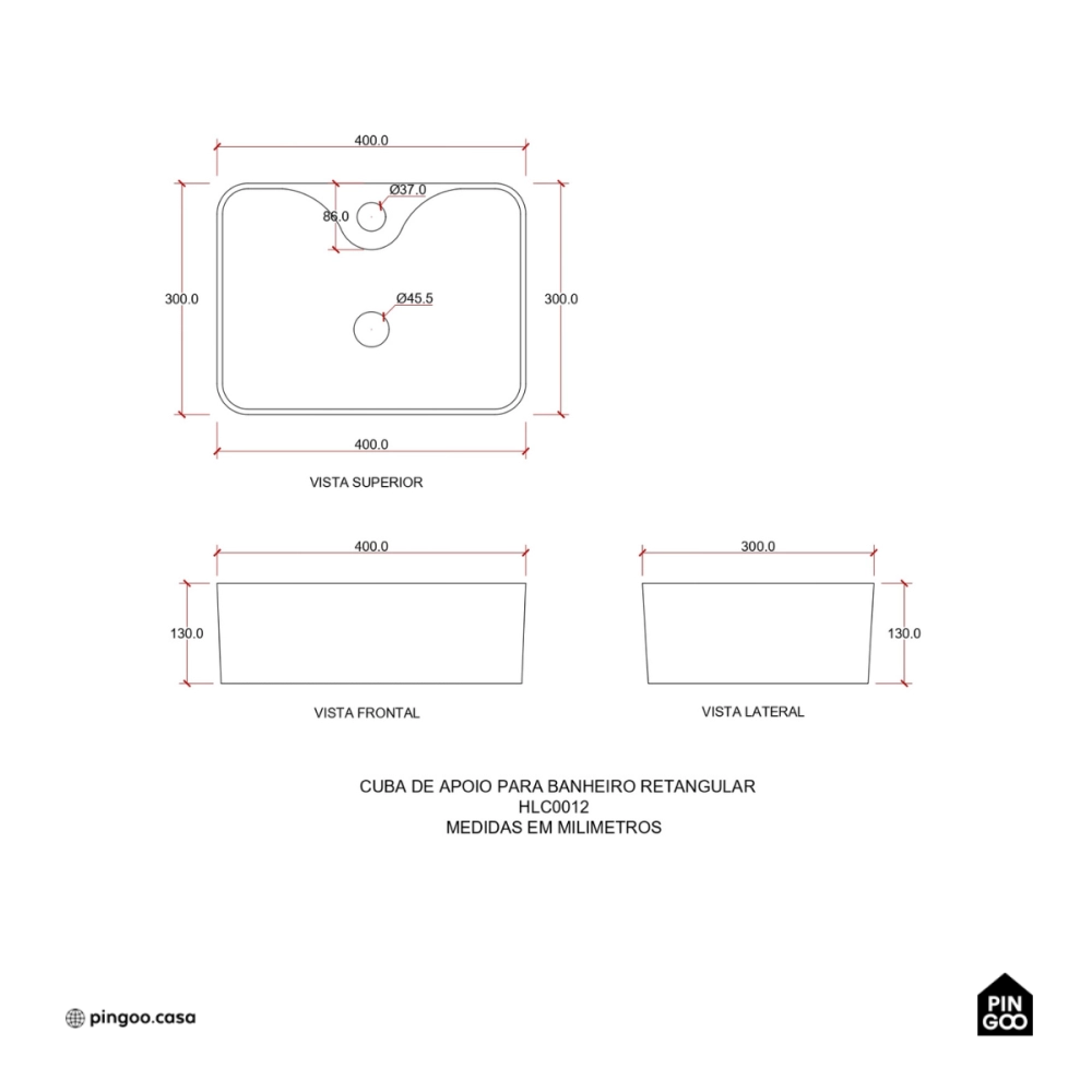 Cuba de Apoio Slim Retangular Sem Válvula para Banheiro Louça Cerâmica 40x30cm Cornalina Pingoo.casa - Branco