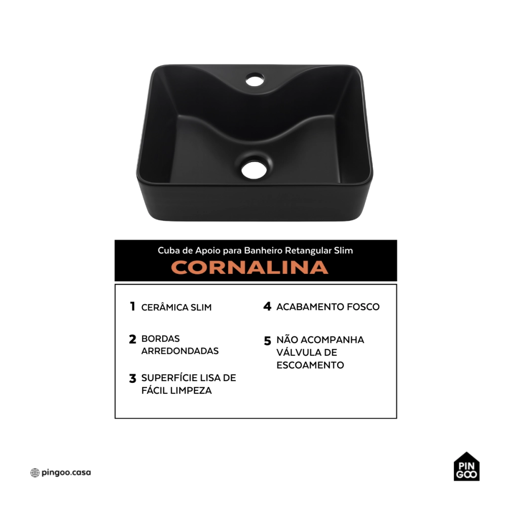 Cuba de Apoio Slim Retangular Sem Válvula para Banheiro Louça Cerâmica 40x30cm Cornalina Pingoo.casa - Preto Fosco