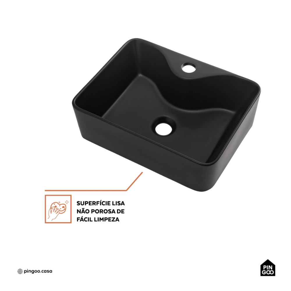 Cuba de Apoio Slim Retangular Sem Válvula para Banheiro Louça Cerâmica 40x30cm Cornalina Pingoo.casa - Preto Fosco