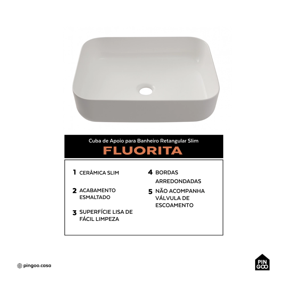 Cuba de Apoio Slim Retangular Sem Válvula para Banheiro Louça Cerâmica 50,5x39,5cm Fluorita Pingoo.casa - Branco