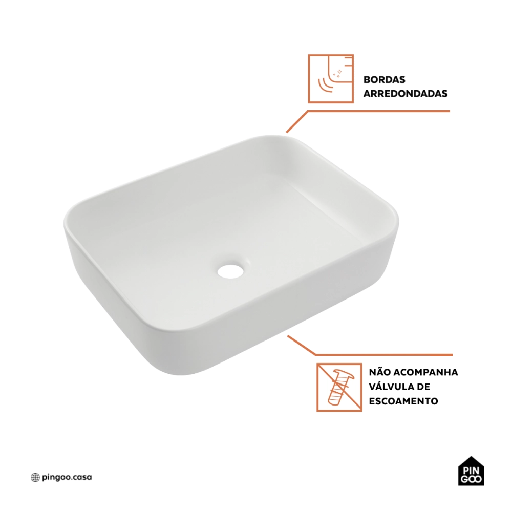 Cuba de Apoio Slim Retangular Sem Válvula para Banheiro Louça Cerâmica 50,5x39,5cm Fluorita Pingoo.casa - Branco