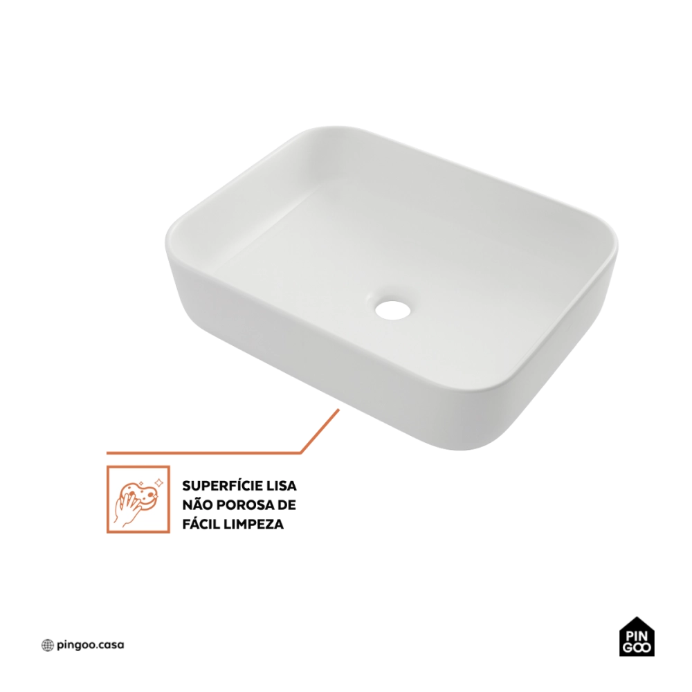 Cuba de Apoio Slim Retangular Sem Válvula para Banheiro Louça Cerâmica 50,5x39,5cm Fluorita Pingoo.casa - Branco